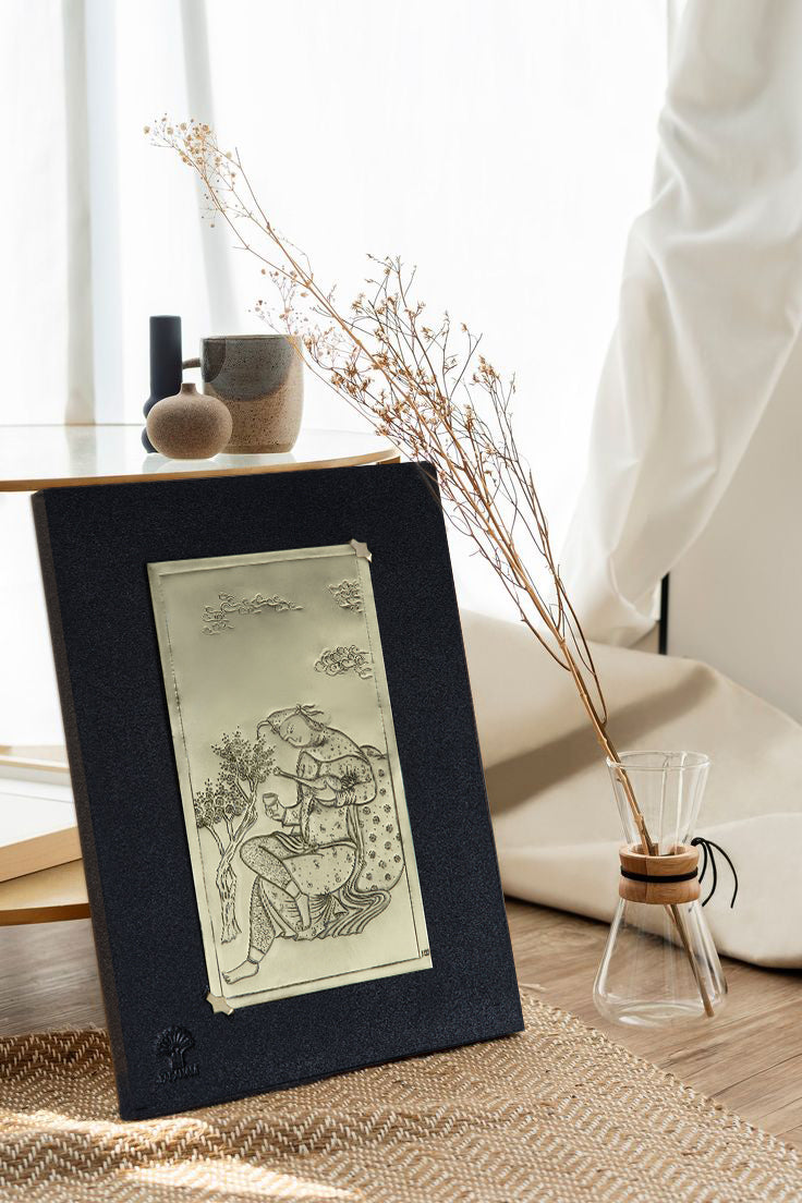 The Silk Veil — Hand-Etched Brass Tableau (Leather Frame)