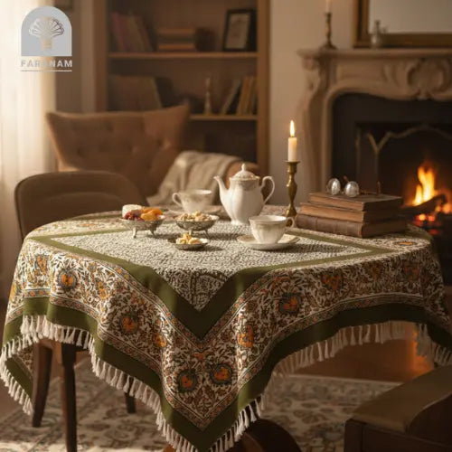 Earthloom Block-Printed Cotton Tablecloth, 2.5'x2.5'/3'x3', Handmade Faranam