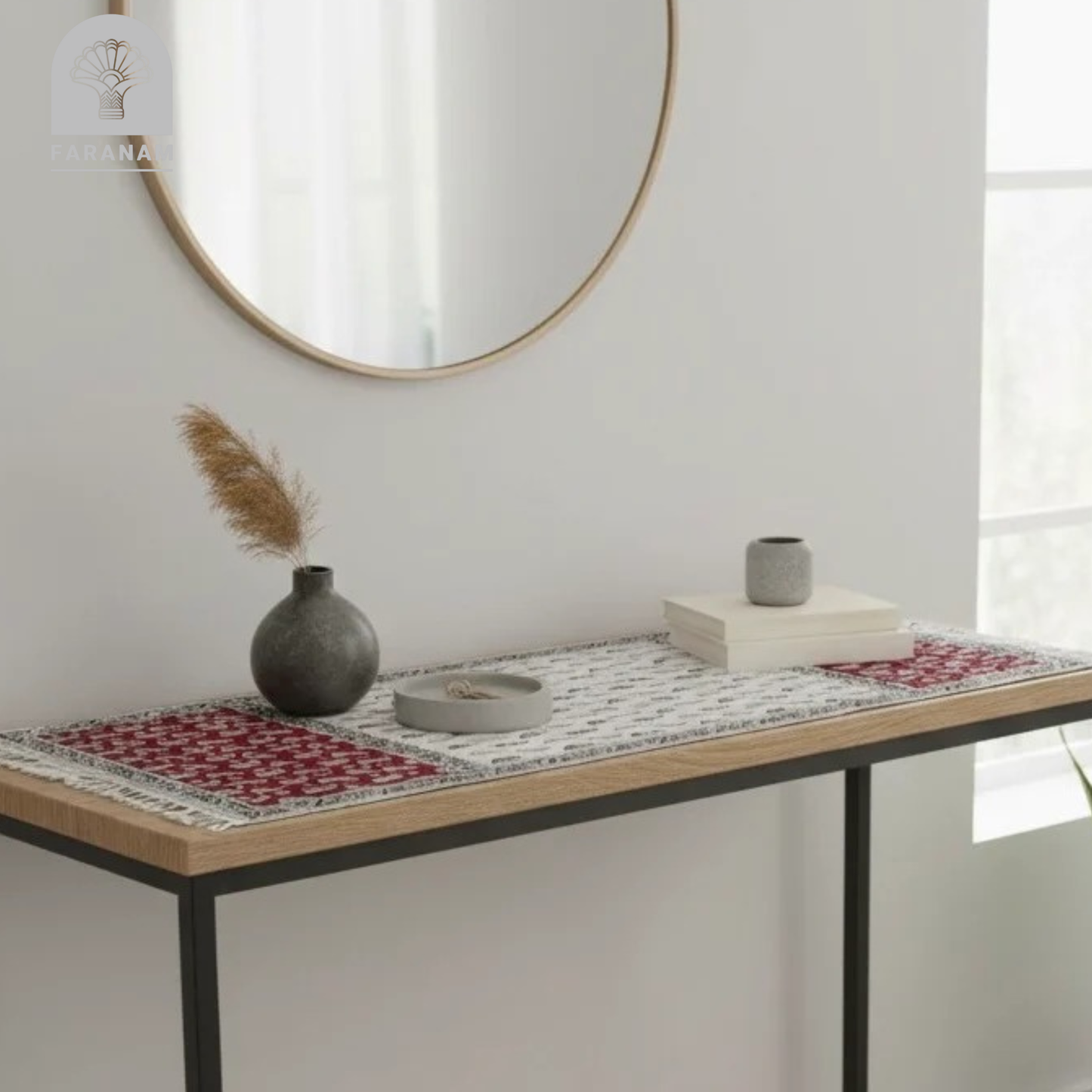 Grey Paisley Runner - Block-Printed Cotton Tablecloth