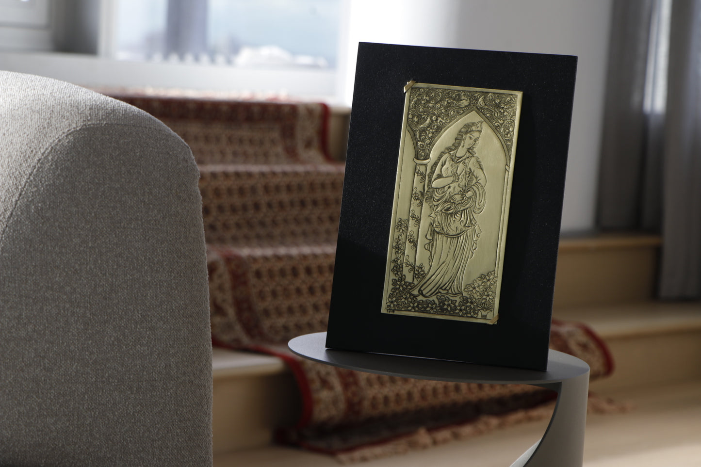 Persian Muse — Hand-Etched Brass Tableau (Leather Frame)