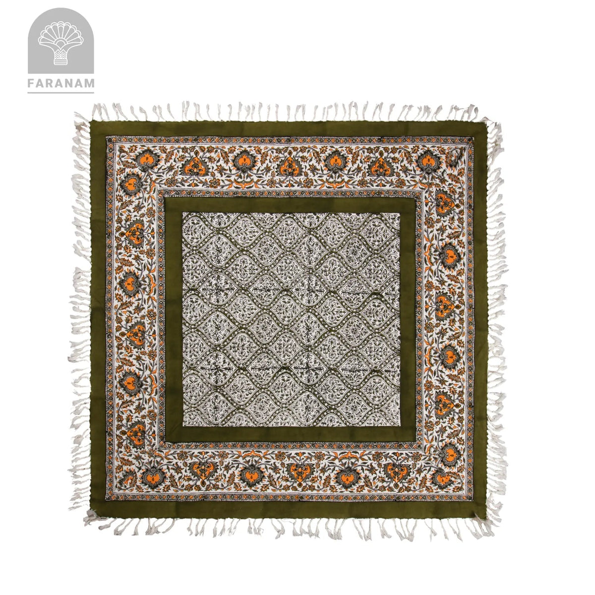 Earthloom block-printed cotton tablecloth with olive green floral border, lattice centre and white fringe