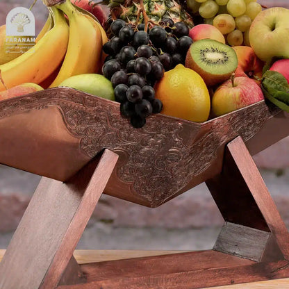 Avand Fruit Bowl — Hand-Engraved Copper on Wood Base (Ghalamzani)