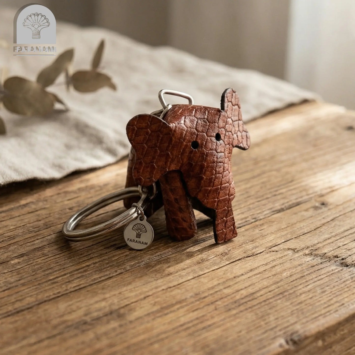 Elephant Keychain, Genuine cowhide, Hand-stitched Faranam
