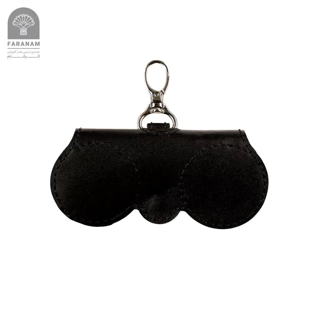 Black sunglasses case with keychain on a white background, featuring the Faranam brand.
