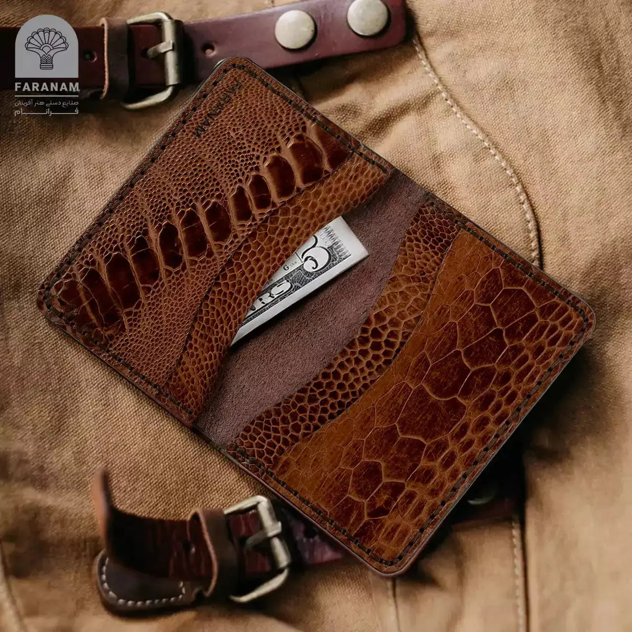 Aris Bifold Wallet, Ostrich Leg Leather, Hand-stitched Faranam