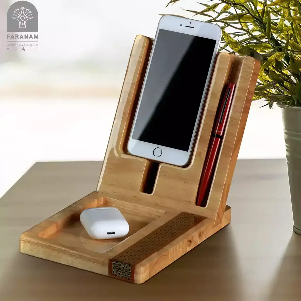 Compact Mosaic Desk Organizer & Phone Stand, Inlaid mosaic Art, Rubber Wood My Store