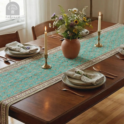 Faranam luxury table decor with floral runner, candle holders, and rustic vase on a wooden dining table