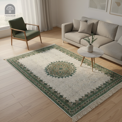 Gerdoon Heritage Rug – Green & White Persian Cotton Accent