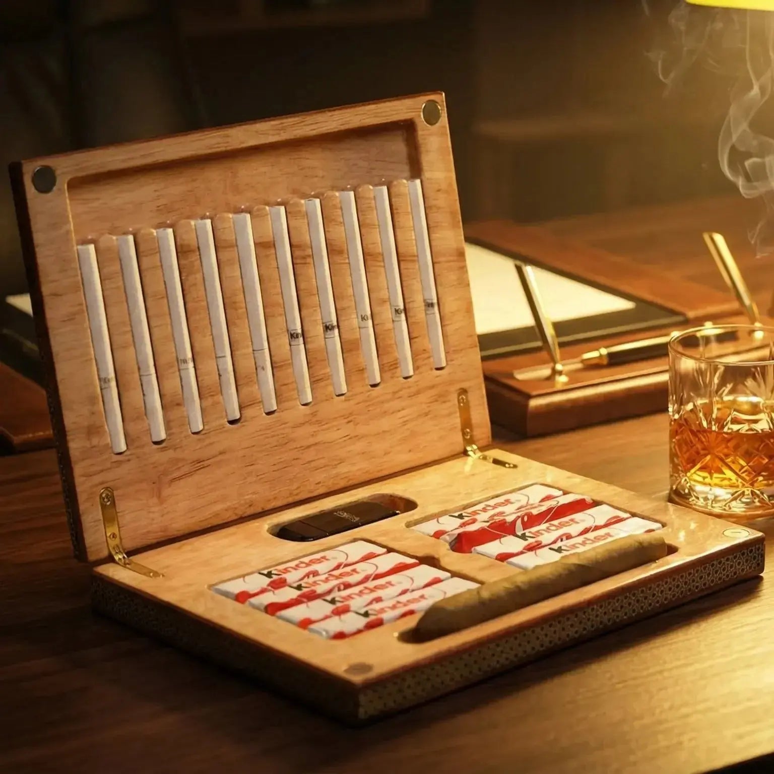 Wooden cigar humidor with cigars, a glass of whiskey, and smoking accessories on a wooden table.