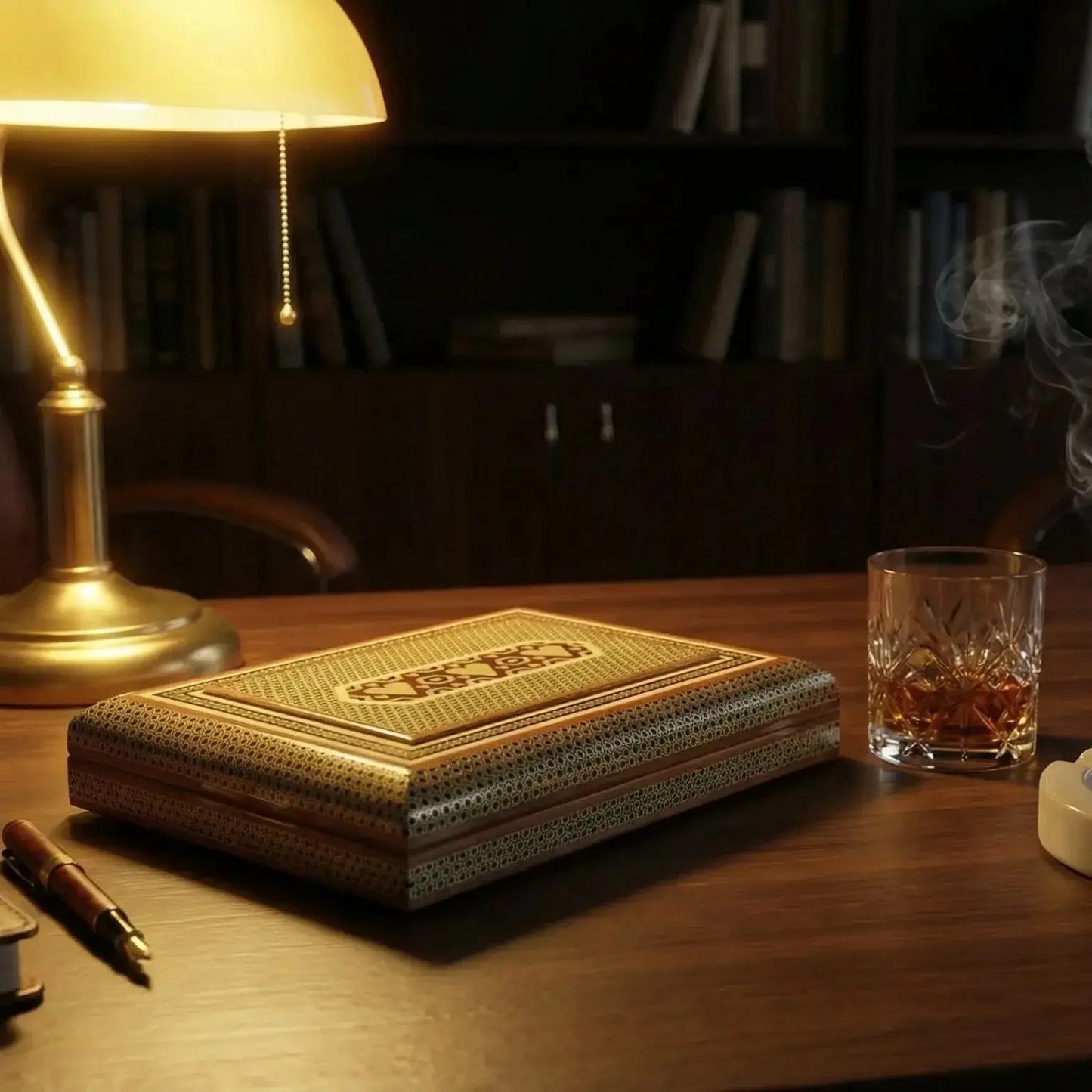 Vintage desk with leather-bound book, smoking accessories, and lamp in a dimly lit room.