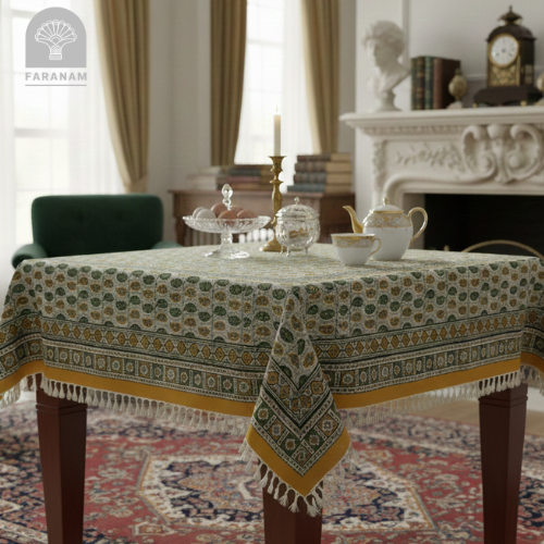 Saffron Leaf Square Hand-printed tablecloth, 2.5'x2.5'/3'x3'